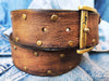 Brown Leather Belt with Two-Tone Front and Guitar Pick Storage - Bronze Studded Design