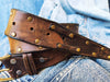 Brown Leather Belt with Two-Tone Front and Guitar Pick Storage - Bronze Studded Design