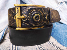 Handmade black leather belt embellished with gold stamps of motorcycle gear stunning belt for bikers the perfect gift for Motorcycle lovers