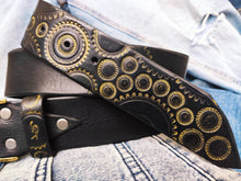 Handmade black leather belt embellished with gold stamps of motorcycle gear stunning belt for bikers the perfect gift for Motorcycle lovers