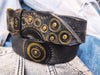 Handmade Black Leather Motorcycle Belt with Gold Stamped Gear and Rivet Accents - Ideal for Bikers and Motorcycle Enthusiasts