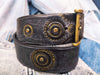 Handmade Black Leather Motorcycle Belt with Gold Stamped Gear and Rivet Accents - Ideal for Bikers and Motorcycle Enthusiasts