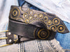 Handmade Black Leather Motorcycle Belt with Gold Stamped Gear and Rivet Accents - Ideal for Bikers and Motorcycle Enthusiasts