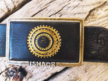 Ishaor original rectangle buckle with dark brown leather inside & motorcycle gear stamp in gold  ,stunning buckle that will upgrade any belt