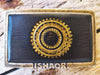 a Ishaor original square buckle with dark brown leather inside & motorcycle gear stamp in gold ,stunning buckle that will upgrade any belt