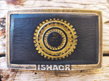 Ishaor original rectangle buckle with dark brown leather inside & motorcycle gear stamp in gold  ,stunning buckle that will upgrade any belt