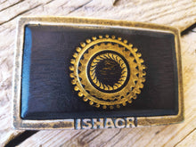 Ishaor original rectangle buckle with dark brown leather inside & motorcycle gear stamp in gold  ,stunning buckle that will upgrade any belt