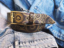 Dark Brown Mens Belt Embossed with Motorcycle Gears - Original Design a Stunning Gift for Bikers with Personalized Option