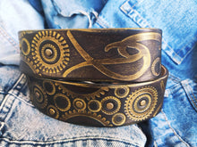 Dark brown men's belt embossed with motorcycle gears, original design stunning gift for bikers with personalized option