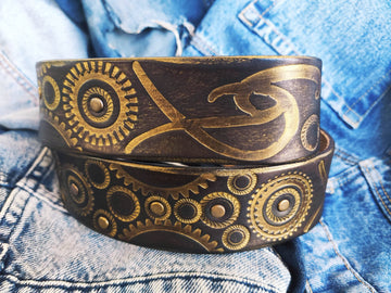 Dark Brown Mens Belt Embossed with Motorcycle Gears - Original Design a Stunning Gift for Bikers with Personalized Option