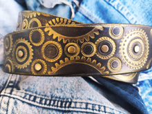 Dark brown men's belt embossed with motorcycle gears, original design stunning gift for bikers with personalized option