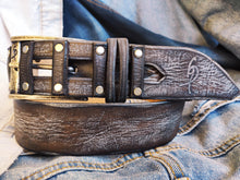 A brown leather belt with gray wash and silver buckle ,unique and original design made by hand perfect color for casual outfit X-Mas gift