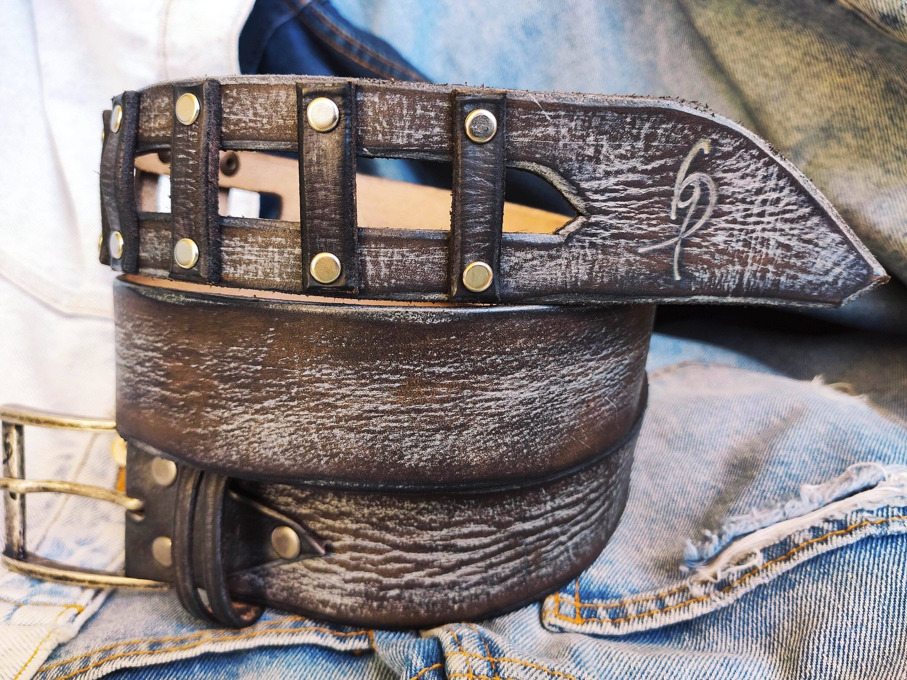 A brown leather belt with gray wash and silver buckle ,unique and original design made by hand perfect color for casual outfit X-Mas gift