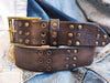 Dark brown leather belt made by hand embossed with HIFI part and bronze rivets.