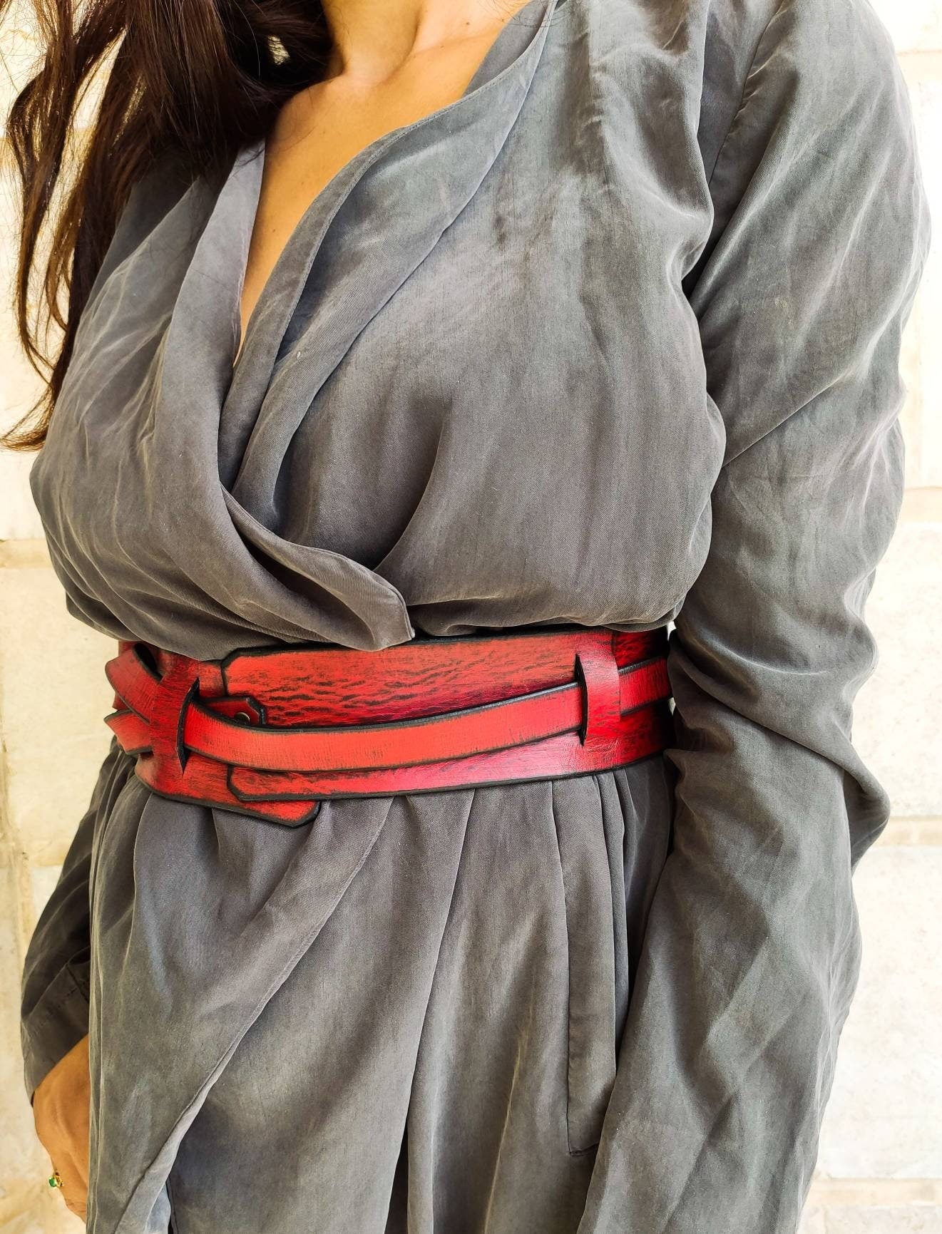 Stylish Red Leather Waist Belt with Black Trim - Versatile Fashion Accessory for Dress Jackets and Oversized Clothes