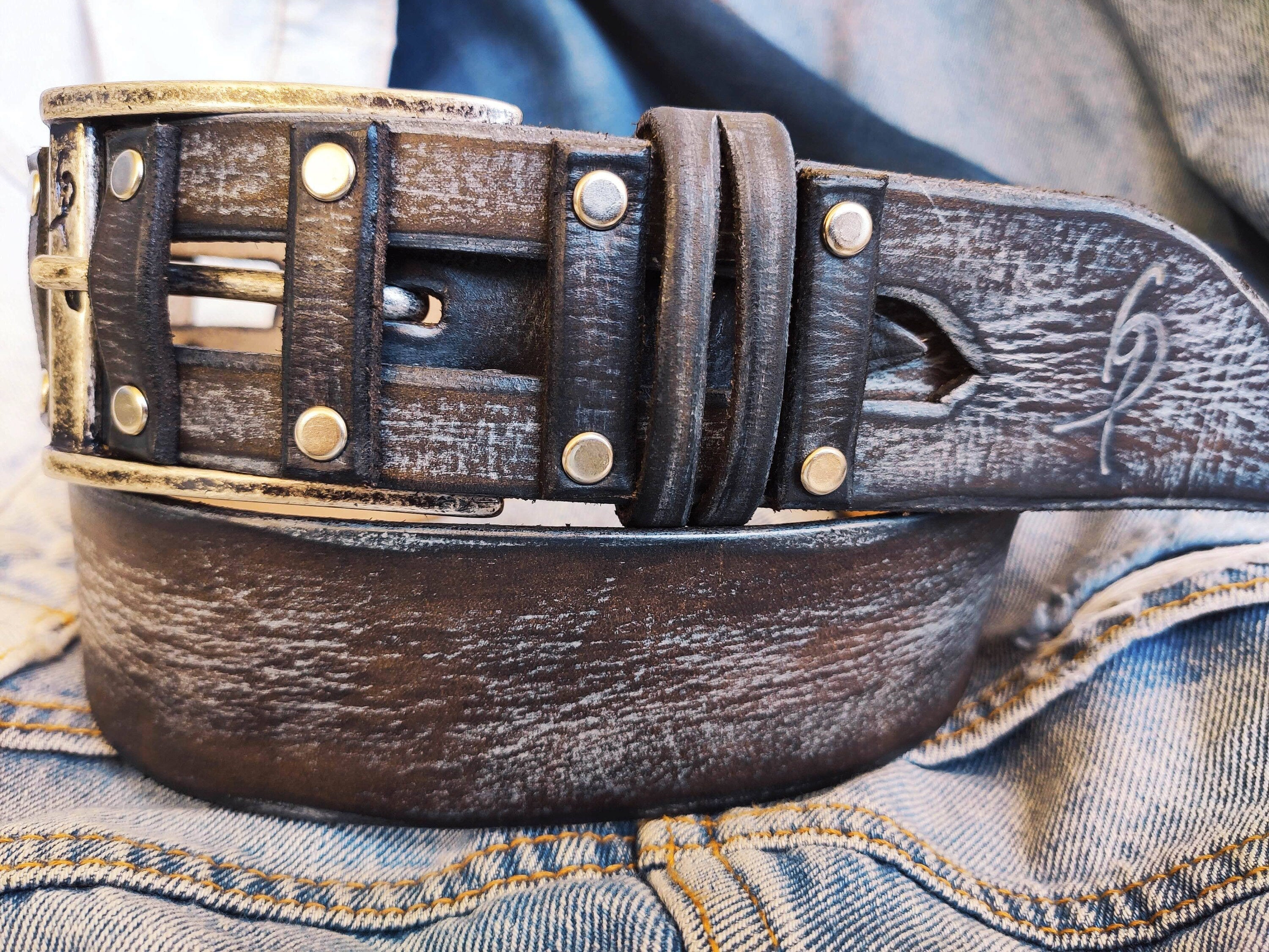 A brown leather belt with gray wash and silver buckle ,unique and original design made by hand perfect color for casual outfit X-Mas gift