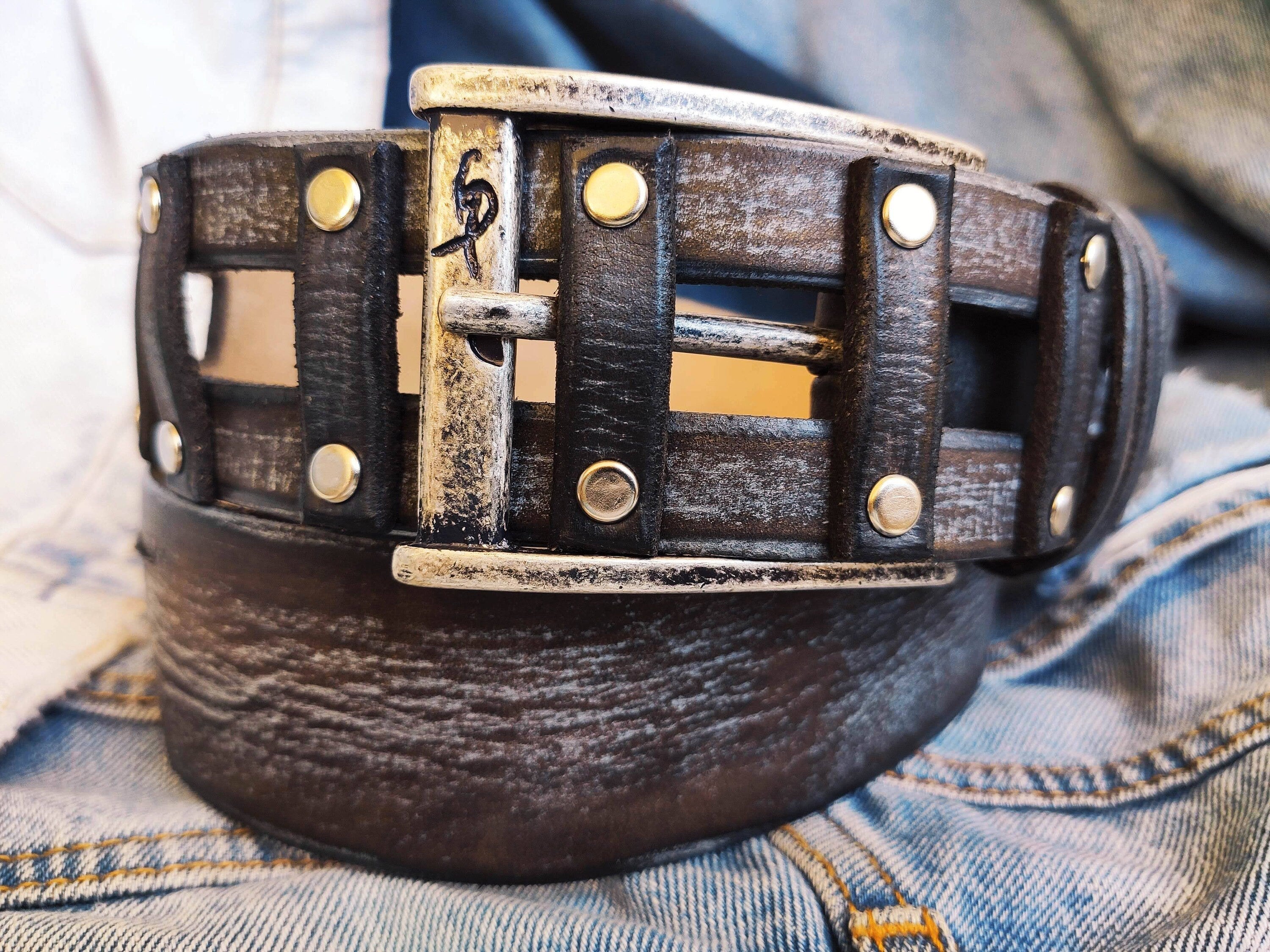 A brown leather belt with gray wash and silver buckle ,unique and original design made by hand perfect color for casual outfit X-Mas gift