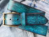 Vintage leather Belt - Turquoise color with Blue and Black Wash