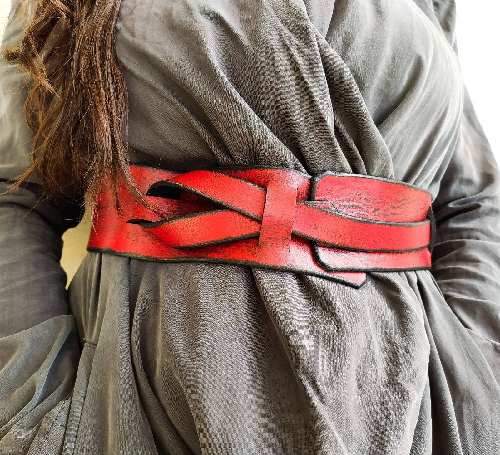 Stylish Red Leather Waist Belt with Black Trim - Versatile Fashion Accessory for Dress Jackets and Oversized Clothes