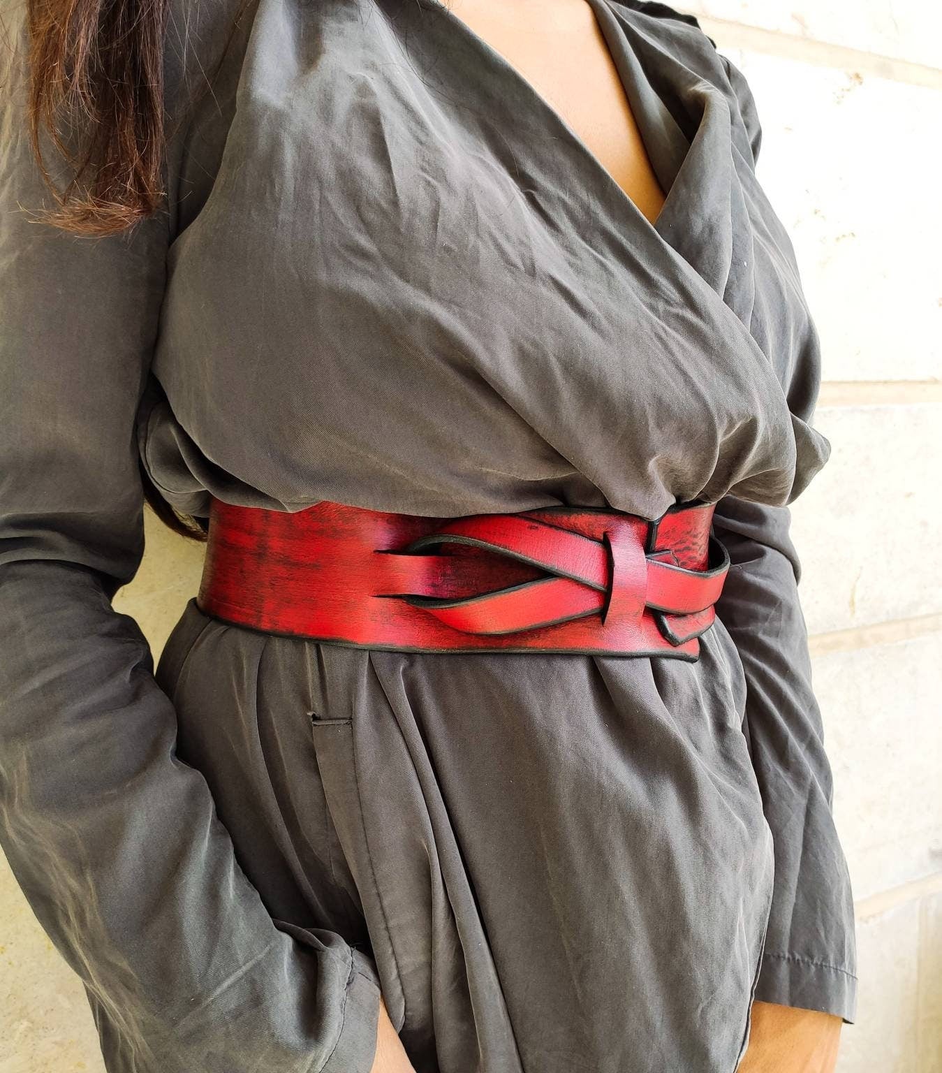 Stylish Red Leather Waist Belt with Black Trim - Versatile Fashion Accessory for Dress Jackets and Oversized Clothes