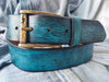 Vintage leather Belt - Turquoise color with Blue and Black Wash