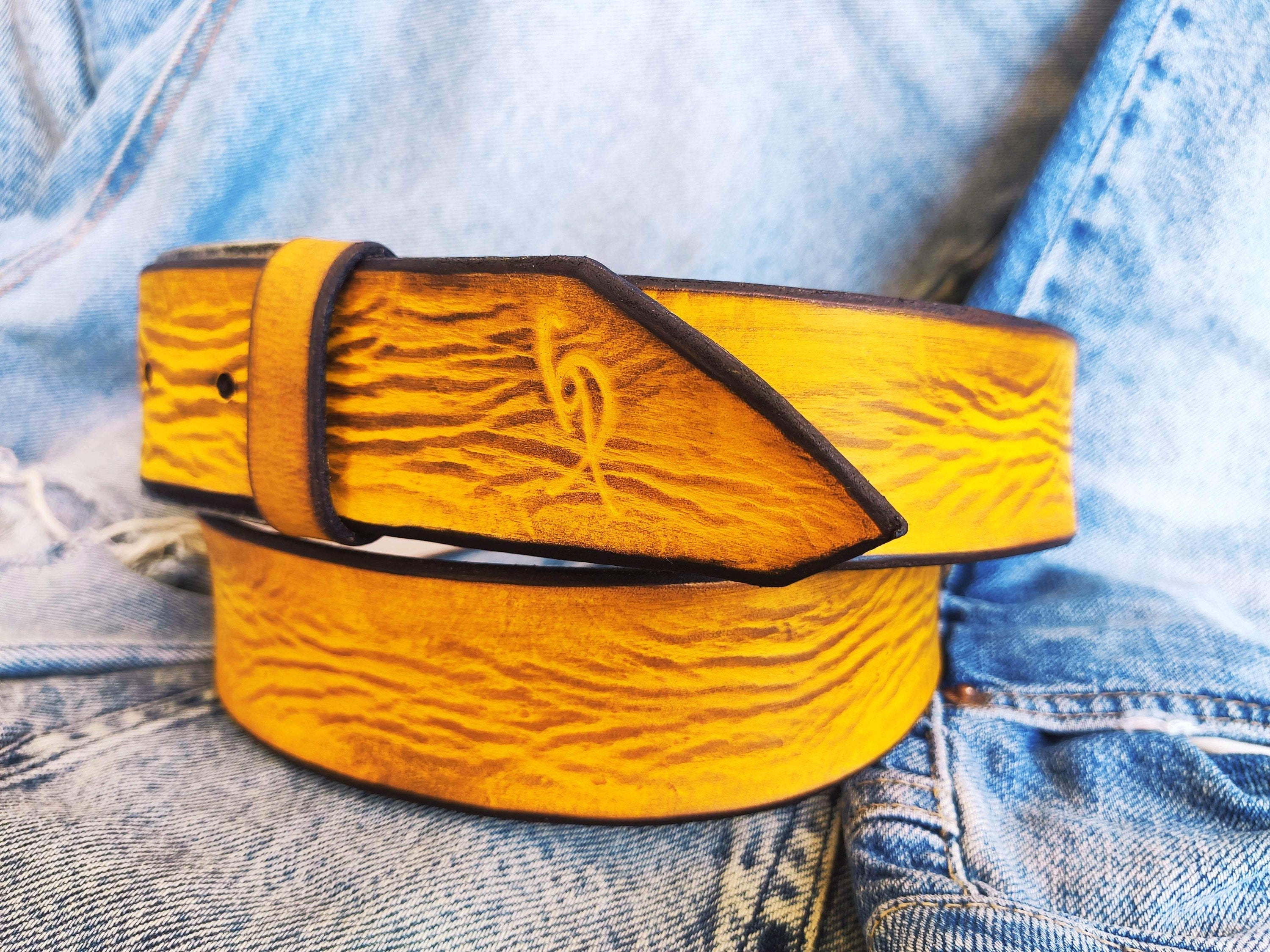 A yellow leather belt with brown wash, the perfect belt color for jeans with option to personalized for a gift with name