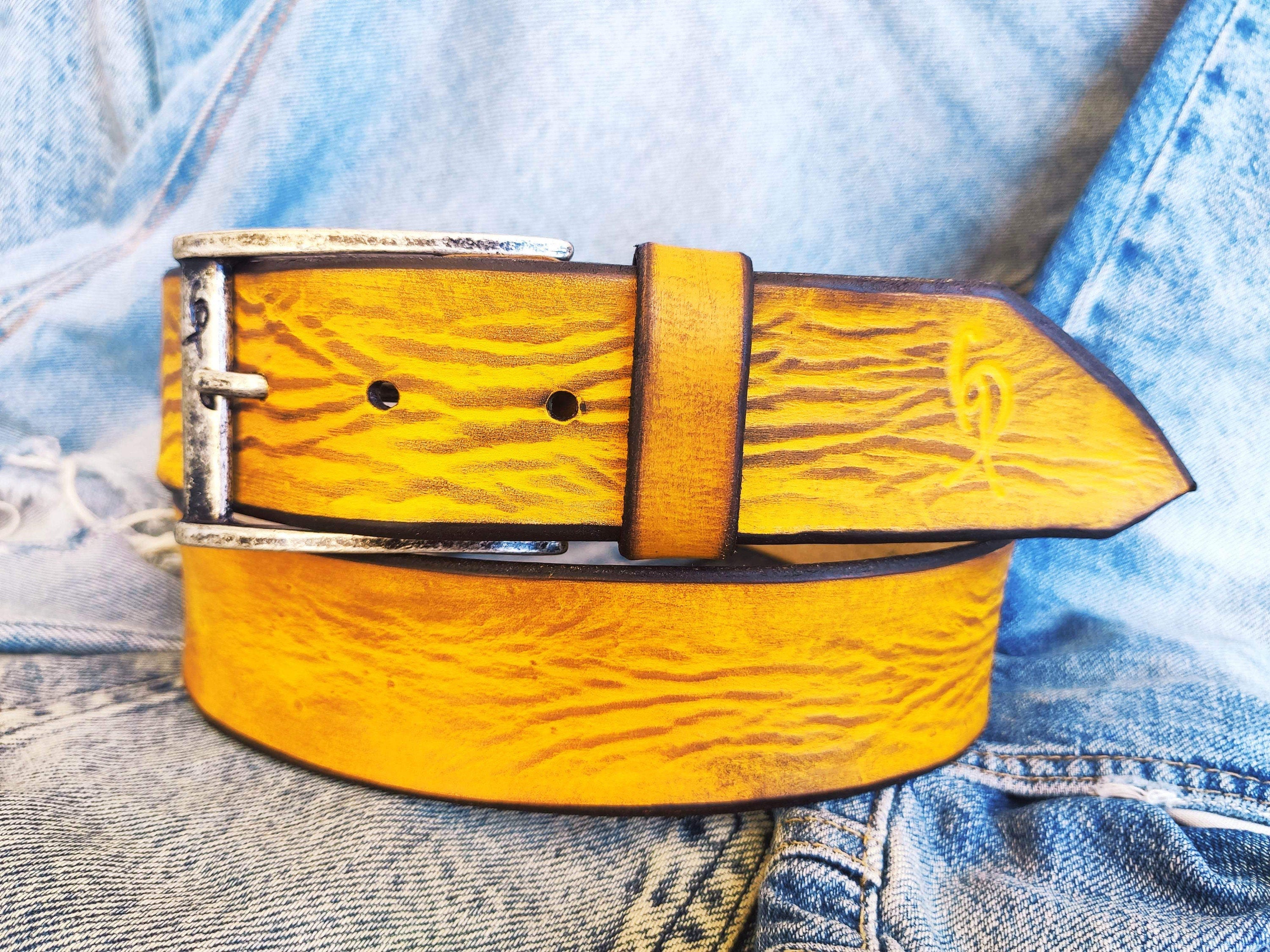 A yellow leather belt with brown wash, the perfect belt color for jeans with option to personalized for a gift with name