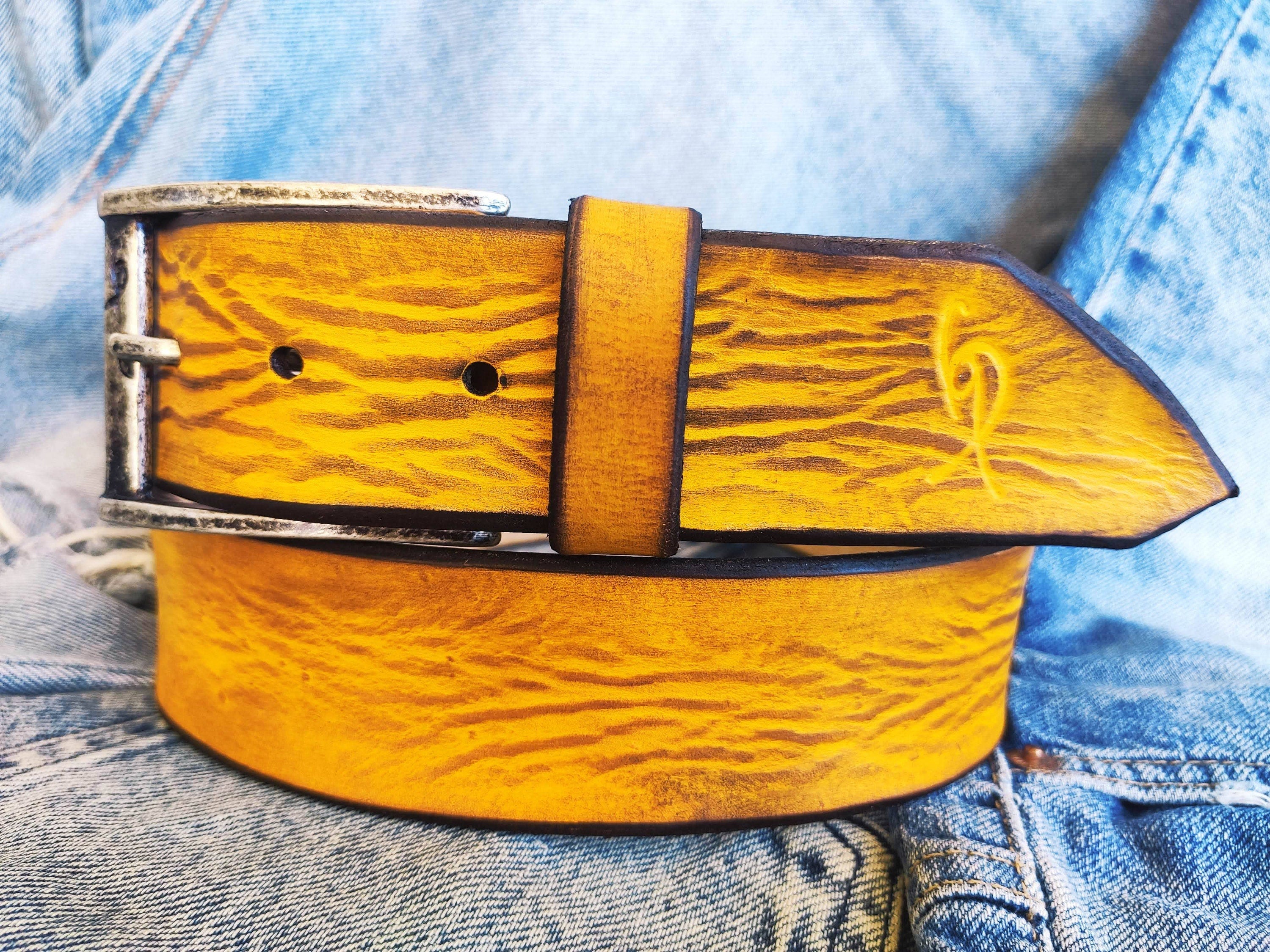 A yellow leather belt with brown wash, the perfect belt color for jeans with option to personalized for a gift with name