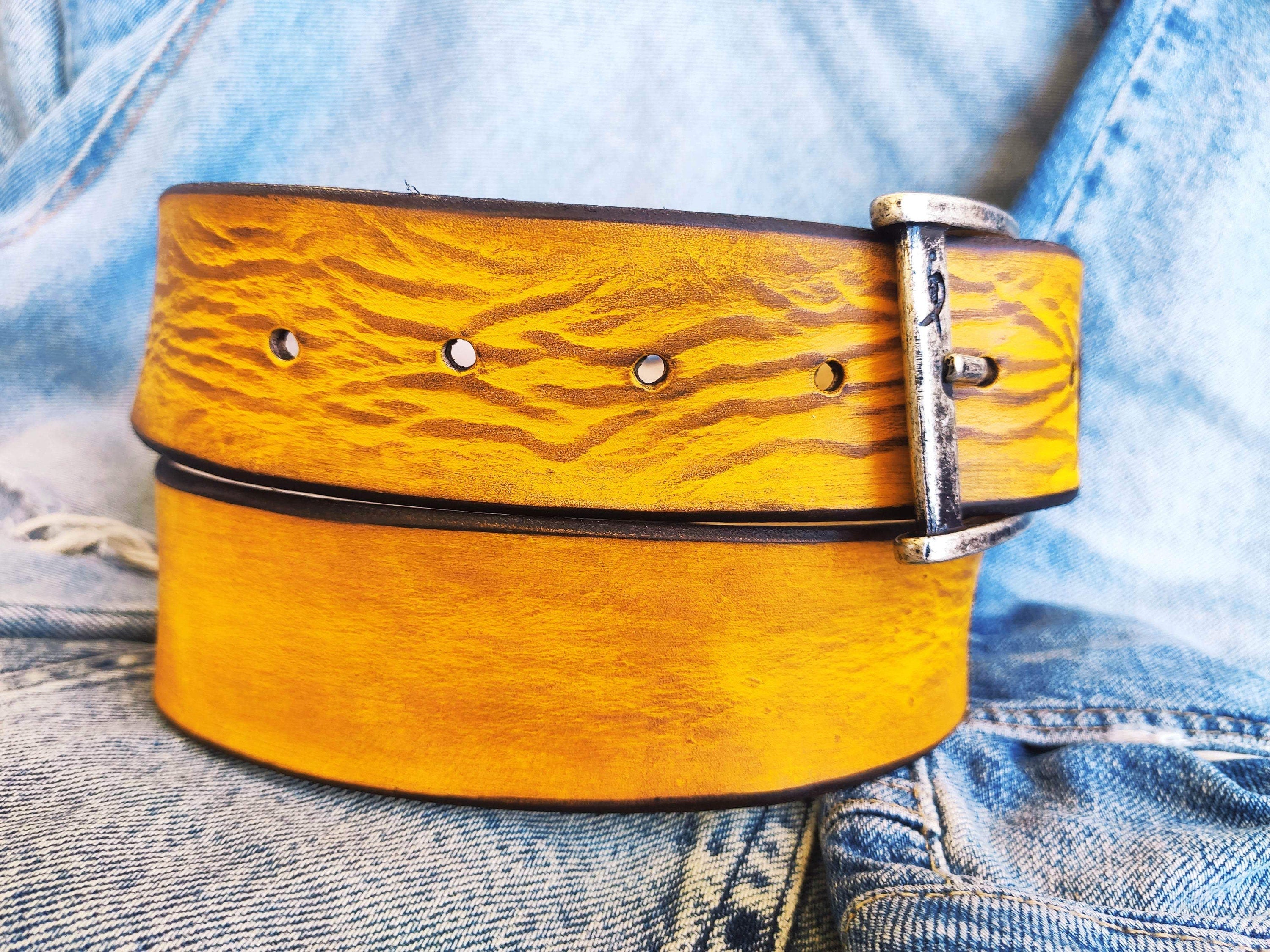 A yellow leather belt with brown wash, the perfect belt color for jeans with option to personalized for a gift with name