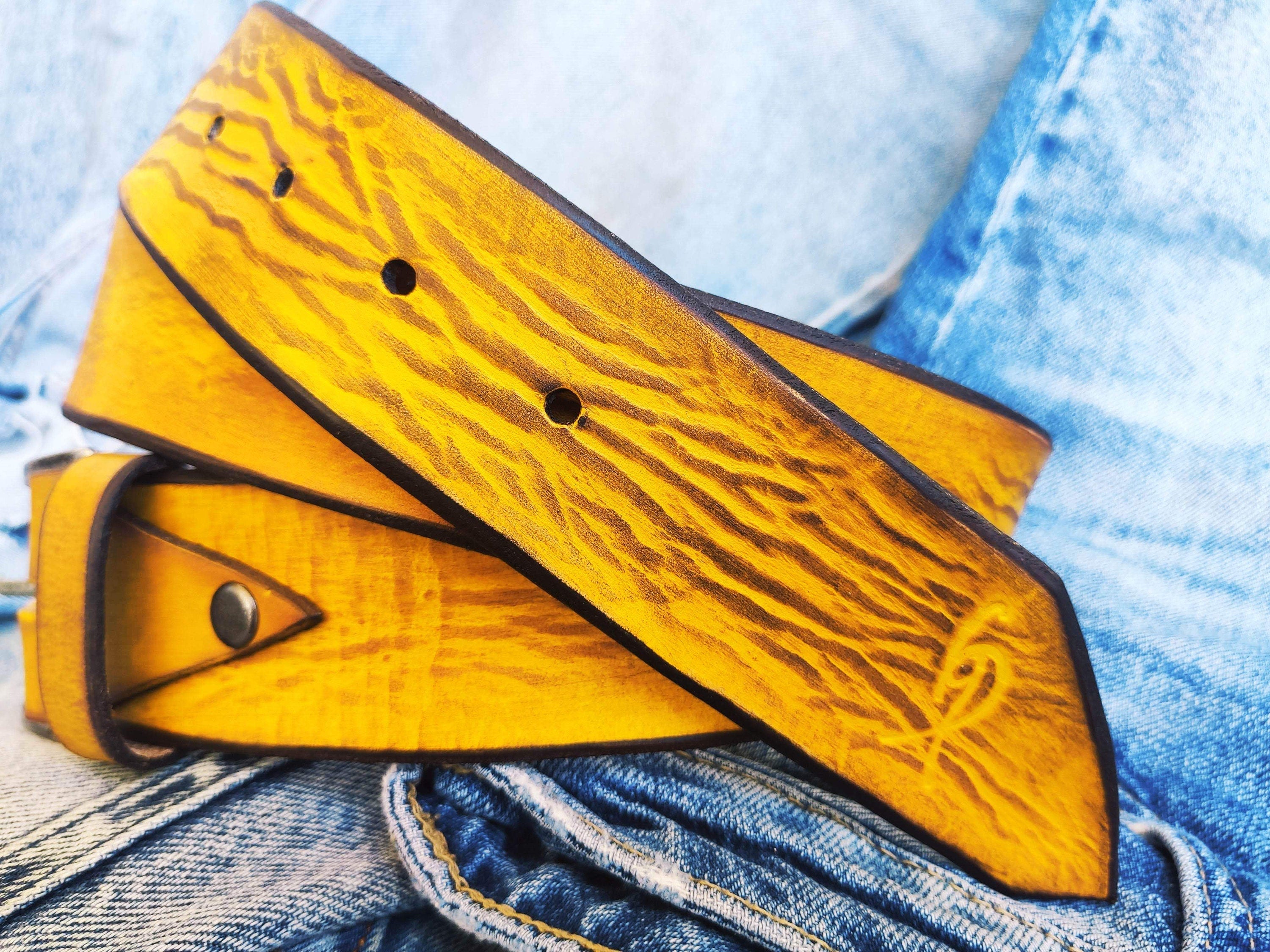 A yellow leather belt with brown wash, the perfect belt color for jeans with option to personalized for a gift with name