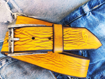 Yellow Leather Belt for Jeans Personalized Gift with Name