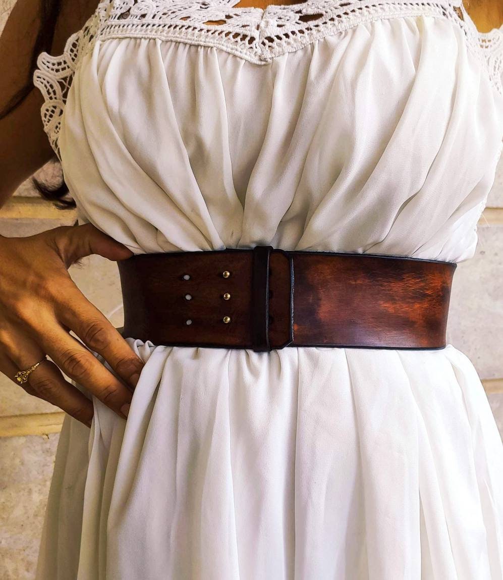 Vintage Brown Leather Waist Belt with Unique Decorative Cord Closure - Perfect for Dresses or Jackets