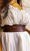 Brown leather waist belt with that has a unique decorative cord closure, perfect belt to wear with dress or jacket. vintage waist belt .