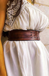 Brown leather waist belt with that has a unique decorative cord closure, perfect belt to wear with dress or jacket. vintage waist belt .