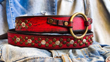 Handcrafted Men's Red Leather Belt with Rivets and Croc Texture Unique Rock Gift