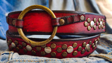 Handcrafted Men's Red Leather Belt with Rivets and Croc Texture Unique Rock Gift