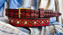 Red leather men belt with black wash, Narrow rivets Leather Belt with ring, Handcrafted rock leather Belt perfect personalized men gift