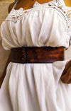 Brown leather waist belt with that has a unique decorative cord closure, perfect belt to wear with dress or jacket. vintage waist belt .