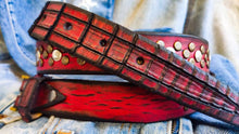 Handcrafted Men's Red Leather Belt with Rivets and Croc Texture Unique Rock Gift