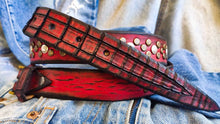 Handcrafted Men's Red Leather Belt with Rivets and Croc Texture Unique Rock Gift