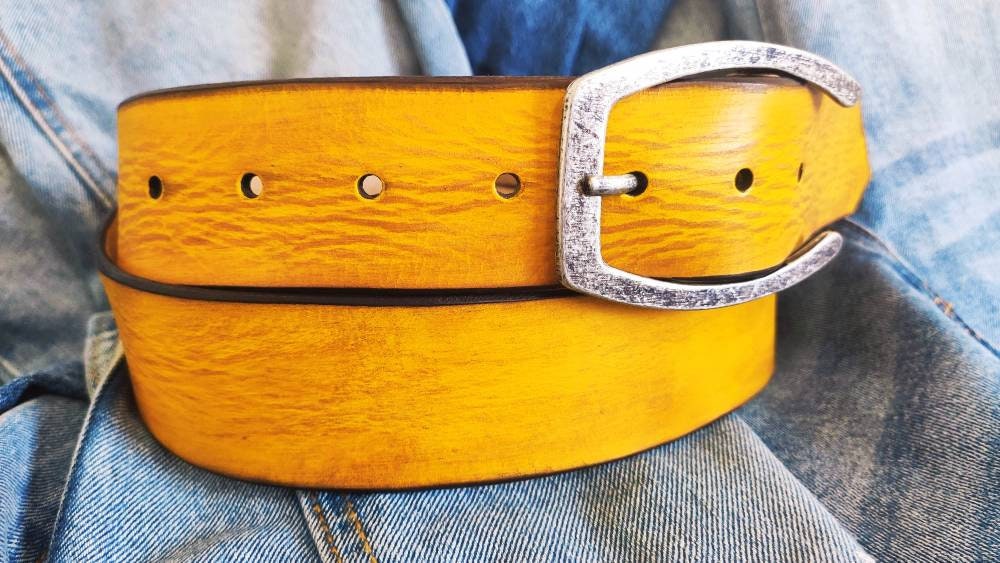 Men's Leather Belt, Yellow Belt, Belt For Jeans, Custom Leather belt, Genuine Leather, Leather Belt, Men's Belt, Belt for Him, Ishaor