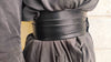 Black leather obi belt for women dress - Wide wrap leather women's belt with black straps and rivets