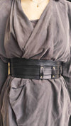 Black leather obi belt for women dress - Wide wrap leather women's belt with black straps and rivets