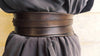 Dark brown leather obi belt for women dress - Wide wrap leather women's belt with brown strap closed with pin.