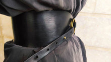 Womens Black Leather Asymmetrical Waist Belt with Bronze Ring - Wide Dress Corset Belt