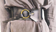 Black leather waist belt with asymmetrical design and bronze Ring. Black dress corset  for women, wide leather belt