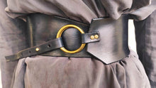 Womens Black Leather Asymmetrical Waist Belt with Bronze Ring - Wide Dress Corset Belt