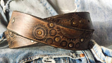 Dark brown men's belt embossed with motorcycle gears perfect men's gift for Christmas by Ishaor