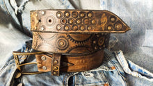 Dark brown men's belt embossed with motorcycle gears perfect men's gift for Christmas by Ishaor