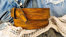 Handmade Western Leather Belt Buckle - Yellow Leather Belt with Brown Wash and Vintage Finish - Perfect Color for Jeans